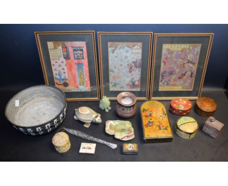 A Persian style papier-mache arched rectangular box and cover, painted with polo playing sporting figures on horseback, the i