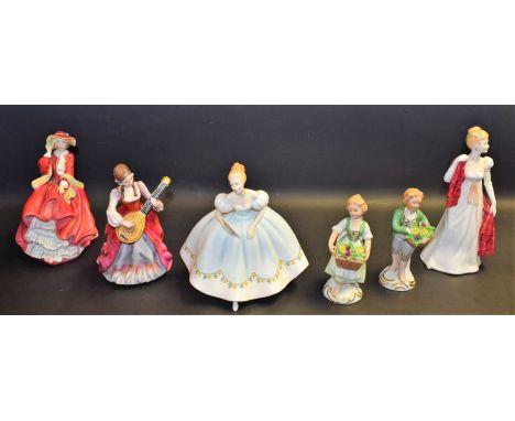 A Royal Doulton figure, Top O' The Hill, HN1834; another, First Dance, HN2803; Staffordshire, Emma, Melanie; a pair of Contin