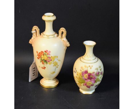 A Royal Worcester ovoid vase, with two lion mask handles, printed and painted with flowers on a blush ivory ground, 16.5cm hi