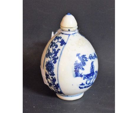 A 19th century Chinese porcelain globular snuff bottle and stopper, decorated in underglaze blue with robed figures on horseb