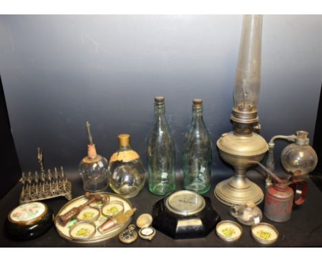 Boxes and Objects - a Hart and Co aqua glass beer bottle, Golden Works, Nottingham; another, similar; a silver plated toast r