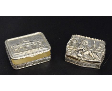 A 925 silver pill/trinket box, relief decorated with figures seated within tavern interior, ale jug and barrel behind, stampe
