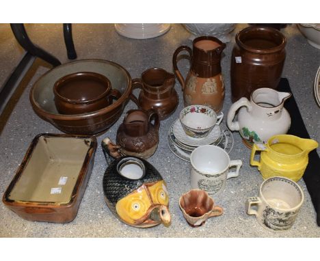 Ceramics - a salt glaze colander; a Doulton Lambeth Harvest jug; a commemorative Peace Celebration 1919 mug, presented by Sam