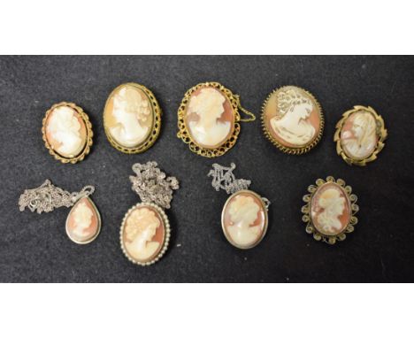 Costume Jewellery - a 19th century shell cameo brooch, later frame, Maiden; others, Diana, Madonna, etc; others, pendants; pa