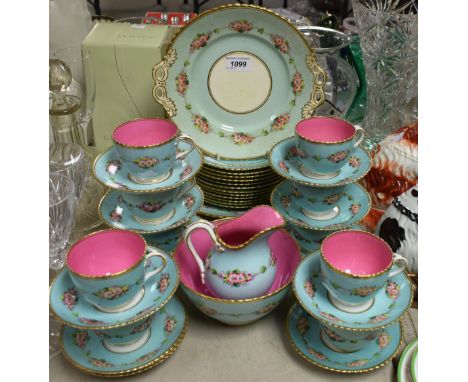 Ceramics - a late 19th/early 20th century part tea service, floral decoration on powder blue ground, pink interiors, comprisi