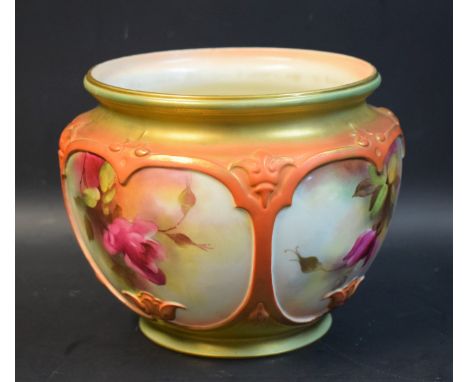 A Royal Worcester jardiniere, painted by Reginald Austin, signed, pink roses in panels, burnished gilt borders, 18cm diam, pr