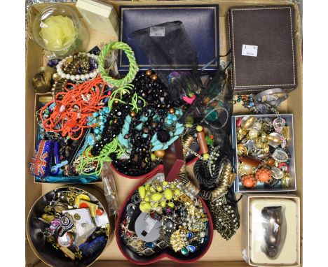 Costume Jewellery - a red seed bead multi strand necklace; others turquoise, apple green, black, etc; amber coloured earrings