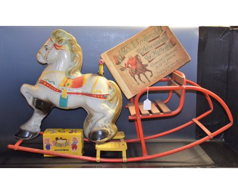A Pelham puppet, Poodle, boxed; a Chad Valley type rocking horse; a book, The Sporting Adventures of Mr Popple (3)