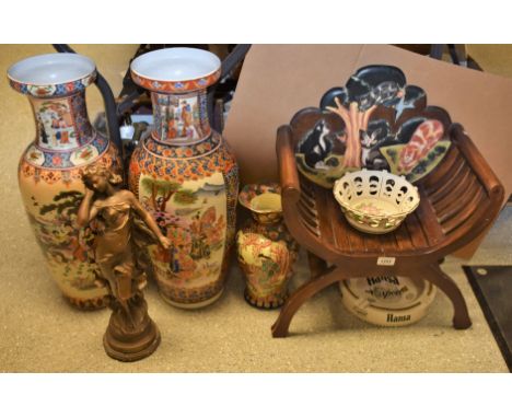 A novelty child's chair, decorated with cats in relief; a pair of Japanese export ware floor standing vases; another, smaller