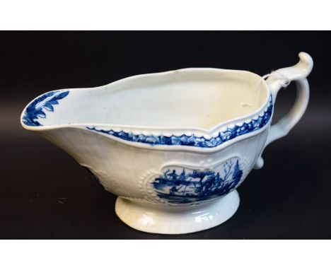 A large Worcester Fisherman and Billboard Island pattern strap fluted sauce boat, painted in blue with two Chinese scenes in 