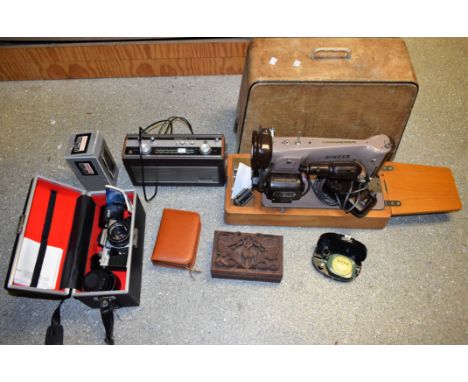 A Praktica DLC3 camera; Roberts R900 radio; OSAWA 75mm lens; a Singer sewing machine; etc