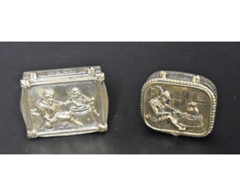 A 925 silver pill/trinket box, relief decorated with Violinist seated within tavern interior, ale jug and barrel behind; anot