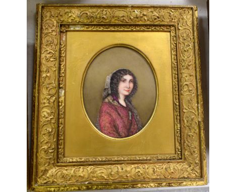 A 19th century Davenport oval porcelain plaque, painted with a portrait of a woman wearing a pink patterned dress, 15cm x 11.