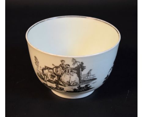 A Worcester L'Amour pattern sugar bowl, printed in monochrome after an engraving by Robert Hancock, with a courting couple, h