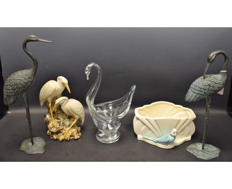 An Art Deco Falconware budgie planter; a Majolica cranes vase; etc (5)