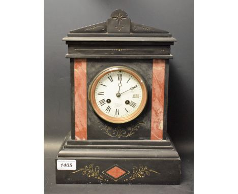 A JW Benson black slate and rouge marble mantel clock, architectural case, white dial