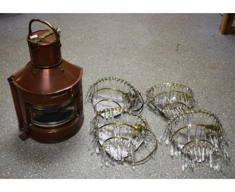 Lighting - a copper and brass mounted ships bow port lamp, pattern no.23, converted to electricity; a set of four mirror back
