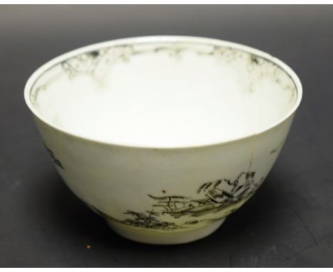 A rare Worcester tea bowl, pencilled in black with a chinoiserie scene with  a man holding a parasol and  bird, by a pine tre