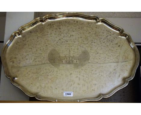 An early 20th century Swedish silver shaped oval serving tray, the field engraved with an official building, 60cm wide, c.192