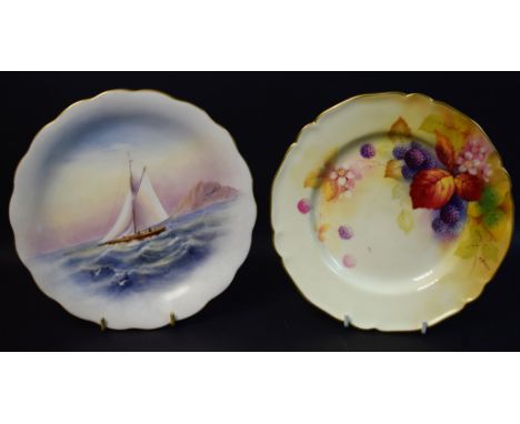 A Royal Worcester shaped circular plate,  painted by Raymond Rushton, signed, with yachts, 22cm diam, printed crown and circl