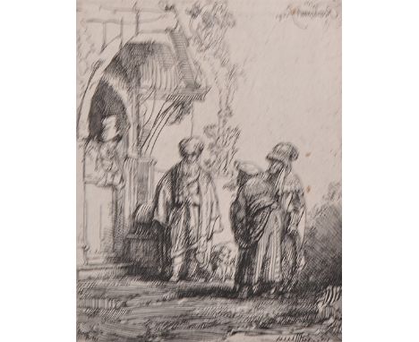 Rembrandt van Rijn (1606-1669) Dutch. Three Oriental Figures; Jacob and Laban, a Reverse Etching with Drypoint, Unframed, 5.7