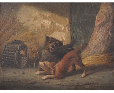 19th Century Dutch School. Young Dogs at Play by a Basket, Oil on Panel, Indistinctly Signed, 8.5" x 10.75".