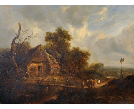Richard H... Hilder (1813-1852) British. A River Landscape, with Figures Conversing on a Path, and a Figure by a Cottage beyo