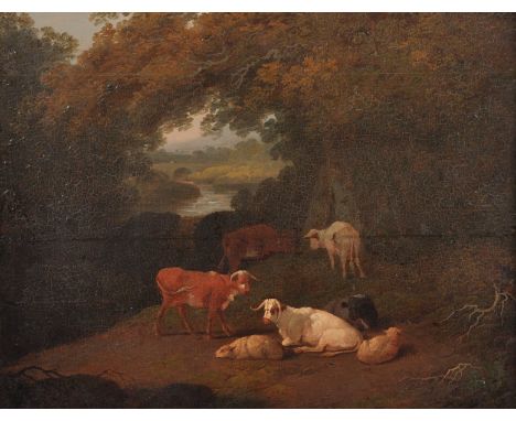 Joshua Shaw (1776-1861) British. Cattle in a Landscape, Oil on Panel, Inscribed and Dated 1809 on the reverse, 9.5" x 11.75.
