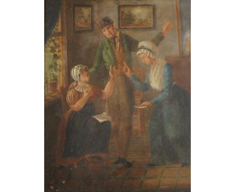 Attributed to Henry William Bunbury (1750-1811) British. "The Coquette", an Interior Scene with Figures, Oil on Panel, Inscri