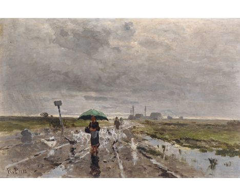 19th Century Dutch School. A Windswept Landscape, with Figures and Geese on a Path, Oil on Panel, Signed with Initials 'RvP' 