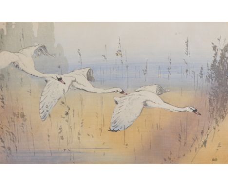 Allen William Seaby (1867-1953) British. "Swans", Lithograph, Signed in Pencil, 8.25" x 13".