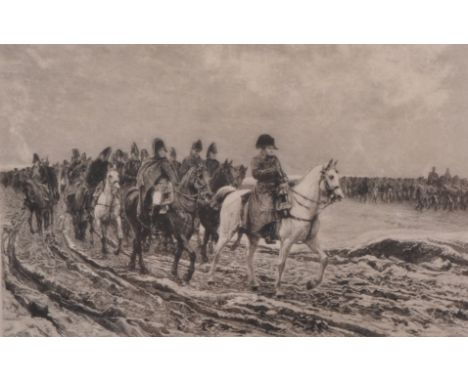 Louis Ruet (1861-1951) French. "Retreat from Moscow", after Meissonier, Lithograph, Signed in Pencil, 5.75" x 9".