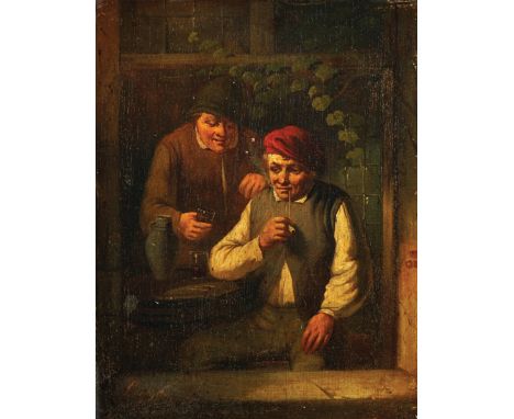 Virgile Cantineau (1864-    ) Dutch. Figures Smoking by a Window, Oil on Panel, Signed, 9" x 7".