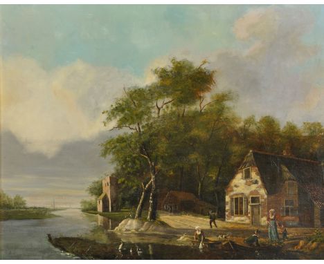 Hendrick Gerrit Ten Kate (1803-1856) Dutch. "Figuren Aan De Waterkant", a River Landscape, with Figures in the foreground, Oi