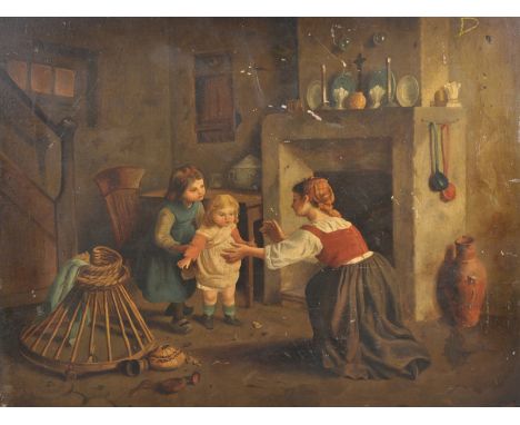 19th Century English School. A Kitchen Interior, with a Lady and Two Young Children, Oil on Panel, Unframed, 14.25" x 18.5".