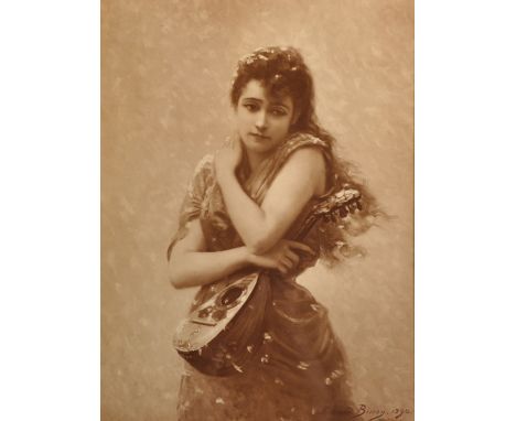 After Edouard Bisson (1856-1939) French. A Girl with a Lute, Autotype, 19" x 14".