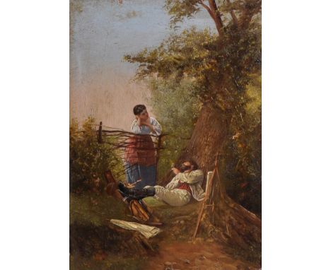 19th Century European School. Figures Conversing by a Garden Fence, Oil on Panel, possibly on a print base, 7" x 5.25".
