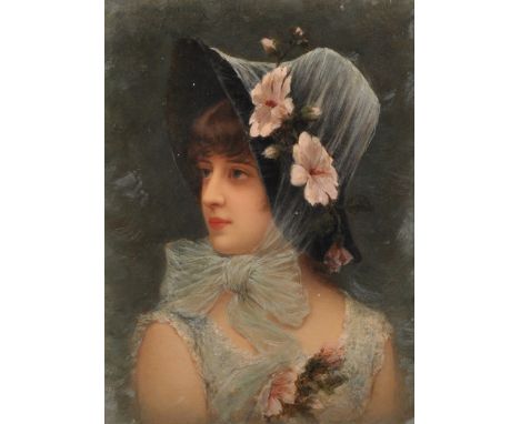 Emile Eisman Semenowsky (1857-1911) French. Portrait of a an Elegant Girl, wearing a Bonnet with Flowers, Oil on Panel, Signe
