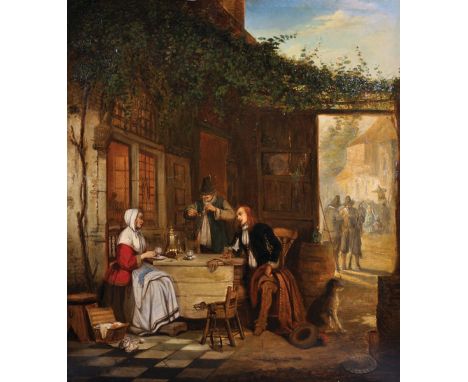 19th Century Dutch School. Figures Outside a Tavern, Oil on Panel, Indistinctly Signed, Unframed, 25.5" x 23".