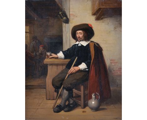 19th Century Dutch School. Study of a Cavalier Seated outside a Tavern, Oil on Panel, Indistinctly Signed and Dated '84, 7" x