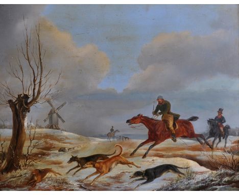 August Von Rentzell (1810-1891) German. Hare Coursing, with Greyhounds and Men on Horseback, Oil on Panel, Signed and Dated 1
