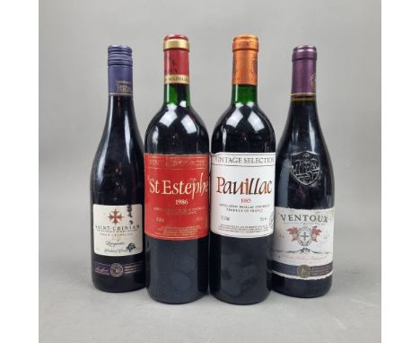 4 Bottles of Premium Supermarket selected Reds to include:  Ventoux 2020,  Pauillac 1985 Vintage Selection,  St Estephe 1986 