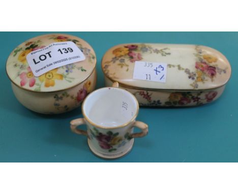 Three items of Royal Worcester, floral painted blush ivory ground, includes miniature Tyg (3)&nbsp;