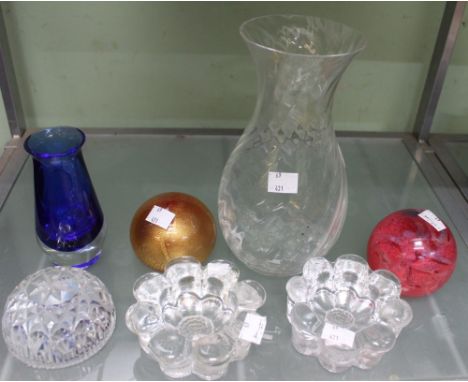 A Dartington wrythen clear glass vase, an aventurine paperweight, together with other paperweights &amp; glassware