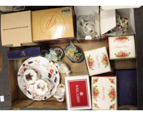 A box containing various ceramic wares Royal Albert, Royal Worcester and Royal Crown Derby, and two Country Artist's garden b