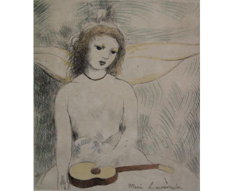 After Marie Laurencin (1883-1956) "Jeune fille a la Guitarre" etching with colour, 20cm x 17cm, framed and glazed