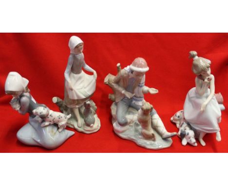 Four ceramic figure groups with animals, includes three Lladro and one Nao (4)&nbsp;