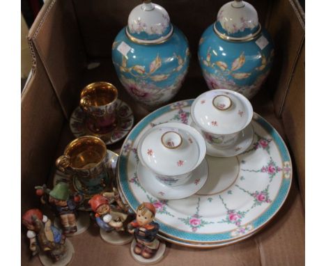 A pair of porcelain lidded vases, floral decorated, together with four Hummel figures, two oriental bowls with covers, two co