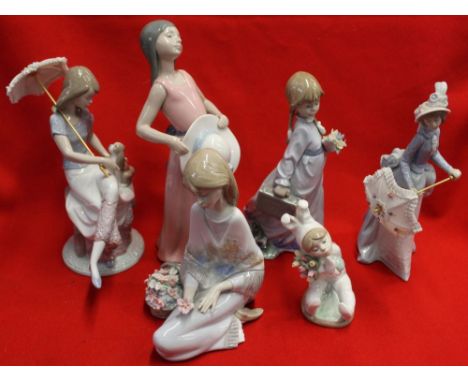 Six Lladro ceramic figures, includes two with parasols, one with puppy (6)