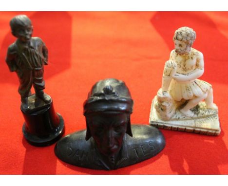 A cast bronze, of a smoking boy, raised upon a polished stone base, total 12cm high, together with a bronzed bust of Dante an